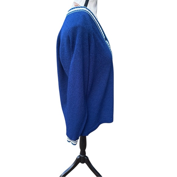 Vintage 1970s Talbott Travler Blue Textured Knit Cardigan Varsity Trim M Dacron - Picture 4 of 15